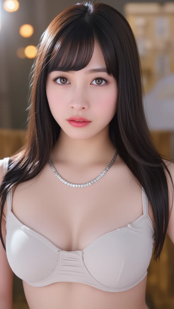 Kanna Hashimoto,One Woman、beautiful、Perfect looks、Pale turquoise eyes:1.3,((large breasts))、Perfect balance,simple diamond necklace、(Blurred Background)、Luxury palace,Sparkling Room、(Please redeem: 1.1), (Realistic: 1.1), (photograph: 1.1), (Very detailed: 1.1),((NSFW)), ((beautiful nipples)),ビキニ