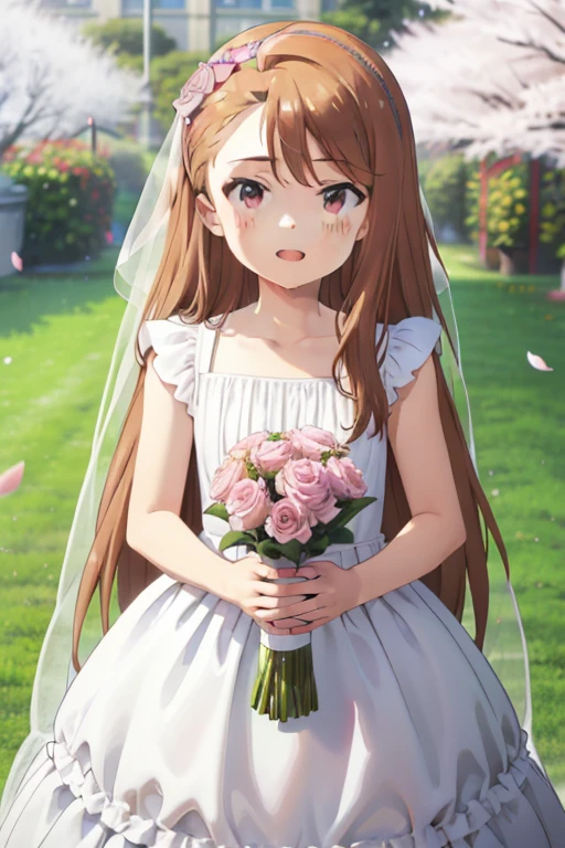 (((Best Quality))), ((Super detailed)), ((illustrinion)), ((Bedhead)), ((frilld)), ( 1 girl),(Alone),,green_background,green_null,bouquet,cherry blossoms_ blossoms ,fall_ petals,flower, staring _in_peeping in the viewer,open_mouth, petals,pink_flower,pink_ Rose, Rose_ petals, is standing,Rining:safe, Wedding Style_ dress, Wedding Style,bride,white_ dress,