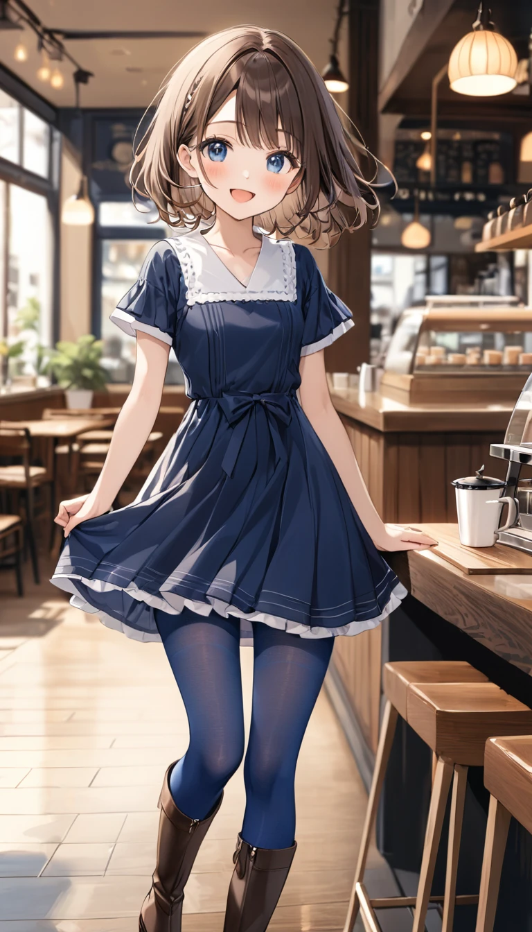 full body, masterpiece, Best Quality, Thin legs、 small breasts,  Beautiful Details , Fine texture, Fine skin, Very cute girl, Alone, Happy smile, blush, open mouth,  Deep Blue Eyes , Brown Hair,  shortcuts, Right-parted bangs,  navy blue,  Short Sleeve  、 knit dress，(Black,  knee-high long boots that spread the knee evenly), (navy blue pantyhose ), standing,  indoor, Cafe,  blurry background,