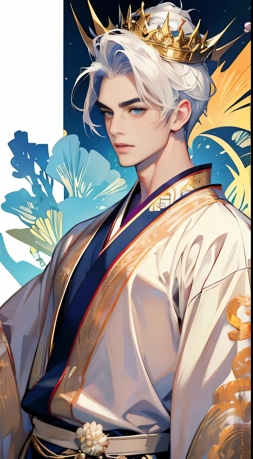 Cool Japanese men、Face and body facing forward、From the chest up、I'm wearing a gorgeous costume、Wearing a gorgeous crown、 neutral face 、 white skin、The background is the aurora