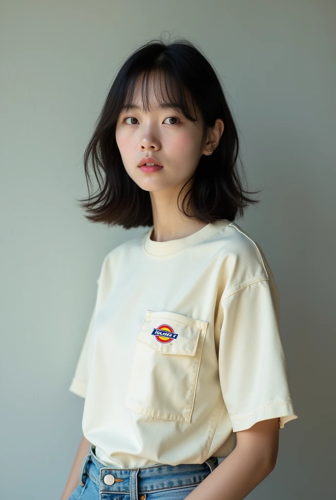 Create a uniform shirt for my ice cream distributor called "Flavor of Summer ice cream distributor" with the company name written small on the right side of the chest, a shirt with an orange collar and the rest of the white shirt.
