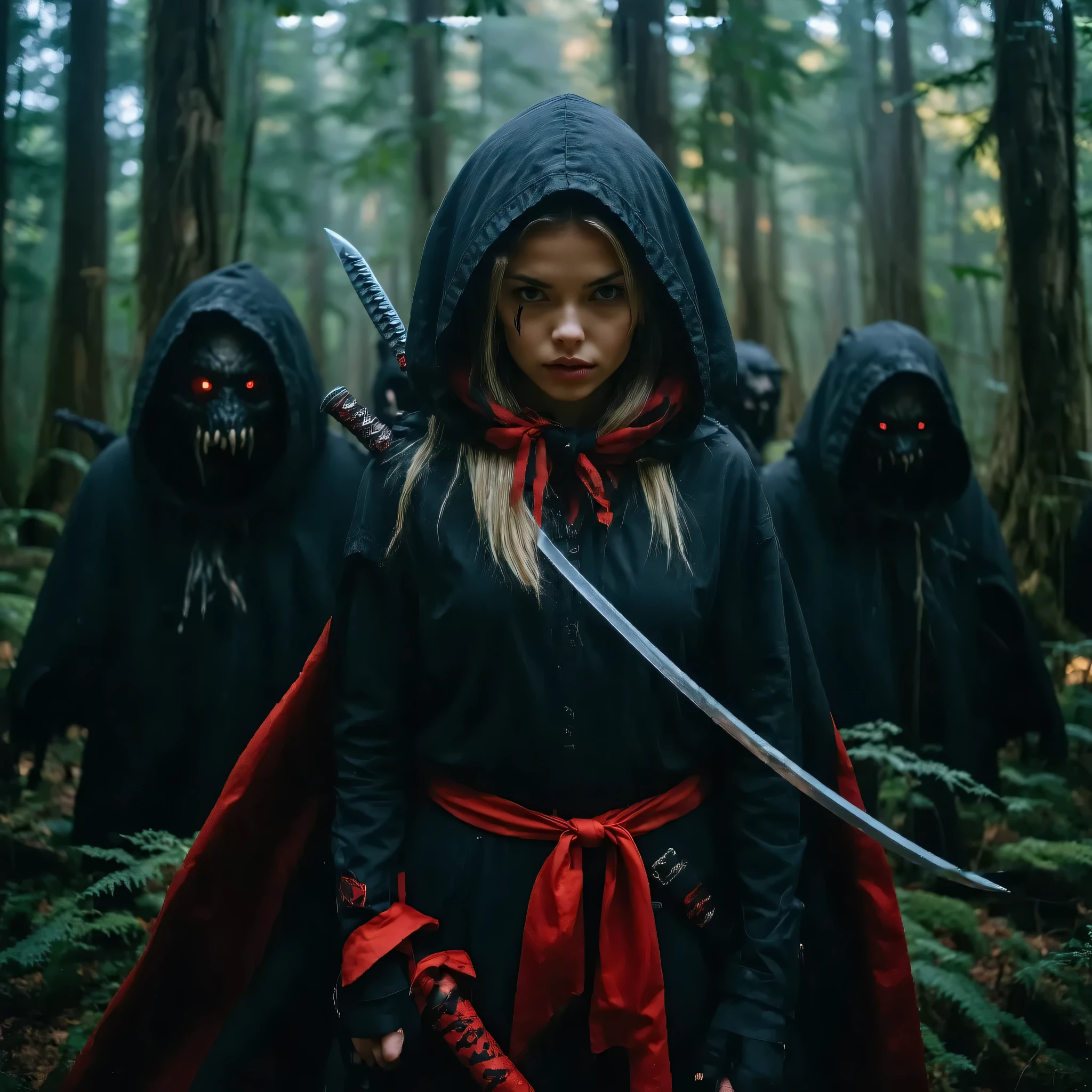 Create an image of Little Red Riding Hood as a fierce ninja witch hunter, dressed in a dark, hooded outfit with red accents. She wields dual katanas and stands poised in a mystical forest at night, surrounded by mist and eerie shadows. The scene should include elements like magical glyphs in the air and the silhouettes of defeated witches in the background. Highlight her determined expression and agile stance, using a dramatic color palette with deep reds and blacks to emphasize the dark fantasy theme