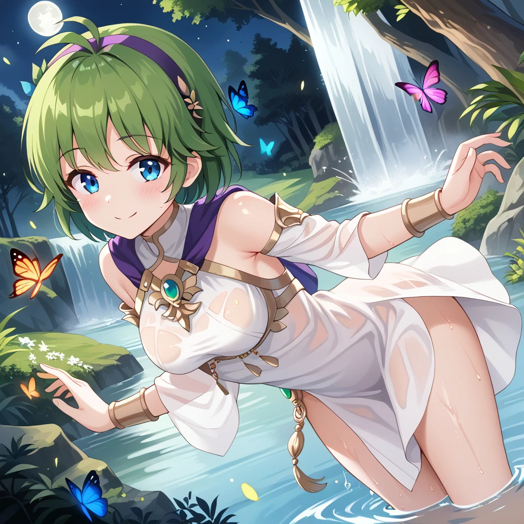 score_9, score_8_up

(masterpiece), best quality, expressive eyes, perfect face, perfect thighs, perfect anatomy, perfect breasts, perfect eyes, medium breasts, perfect thighs, perfect hips,

ninoss, blue eyes, green hair, short hair, antenna hair, purple hairband, hair ornament, greek clotches, greek goddess, white tunic, see-through, waterfall, behind waterfall, inside waterfall, wet clothes, inside water, smile, blush, moon, night sky, butterflies, forest, flowers,  