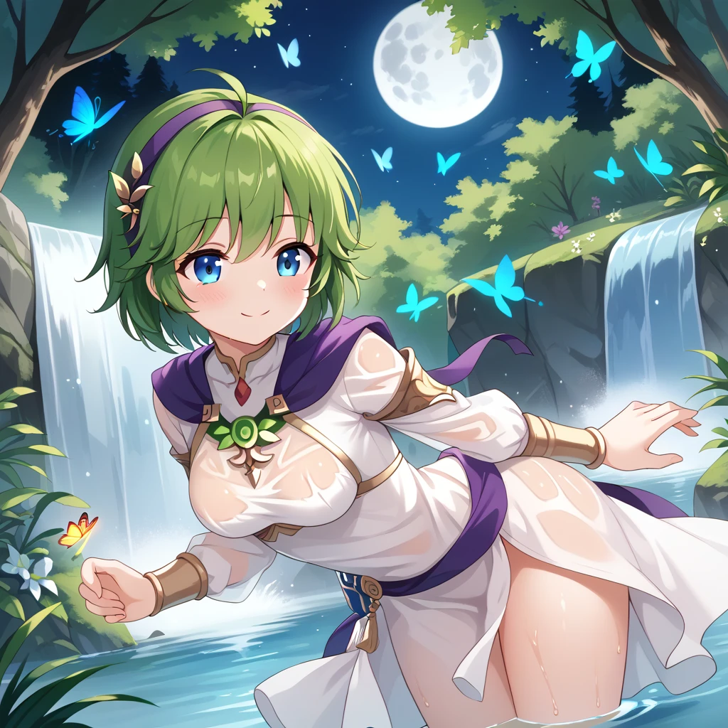 score_9, score_8_up

(masterpiece), best quality, expressive eyes, perfect face, perfect thighs, perfect anatomy, perfect breasts, perfect eyes, medium breasts, perfect thighs, perfect hips,

ninoss, blue eyes, green hair, short hair, antenna hair, purple hairband, hair ornament, greek clotches, greek goddess, white tunic, see-through, waterfall, behind waterfall, inside waterfall, wet clothes, inside water, smile, blush, moon, night sky, butterflies, forest, flowers,  