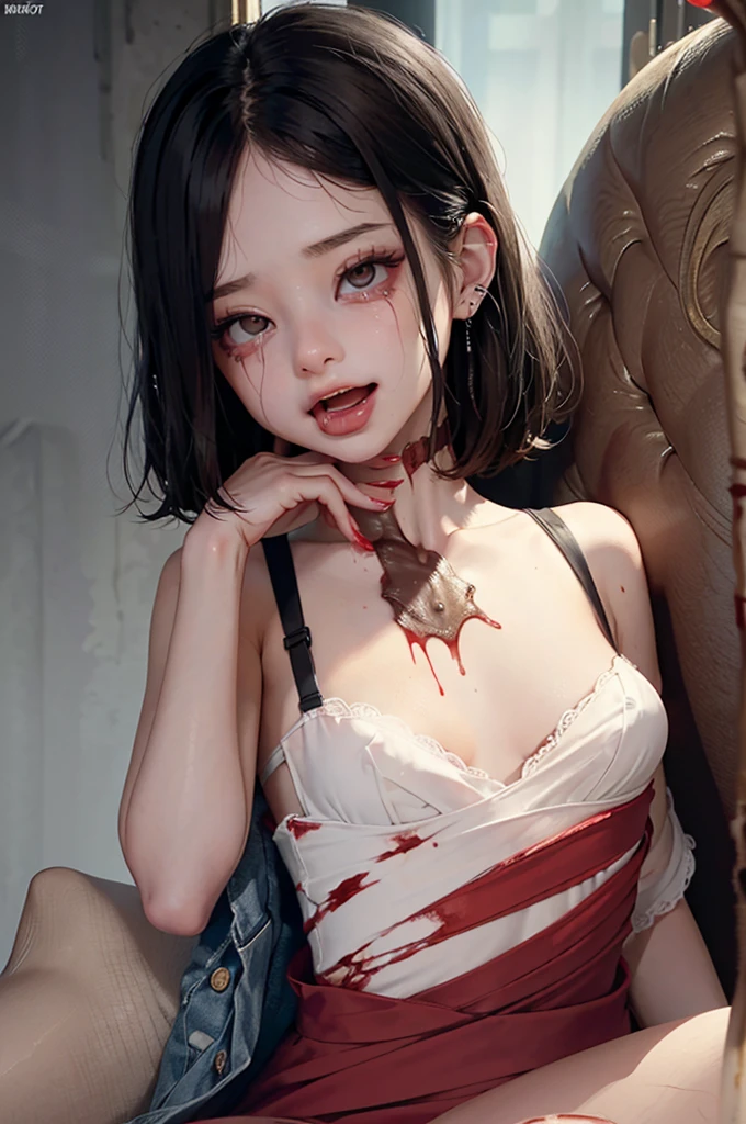 (Best Quality),Highly detailed,Super detailed, 1 girl , (beautiful girl),((*********)), ((High school girl)), (Dark atmosphere), (Dim lighting), (( sexy)),(Small breasts), Halloween , (( zombie cosplay)),(((Zombie Makeup))),(((Bloody, My body is covered with blood ))),  ((Masturbation)),(Sex, sexual behavior), ( fellatio in front of hand), (Completely naked), (semen), ( Pizzling ),(Expression of pleasure), (Seductive expression), (( ecstatic expression)),((incontinence,Urine,Pee)),((happy tears)),(口の中にsemenが溢れている)