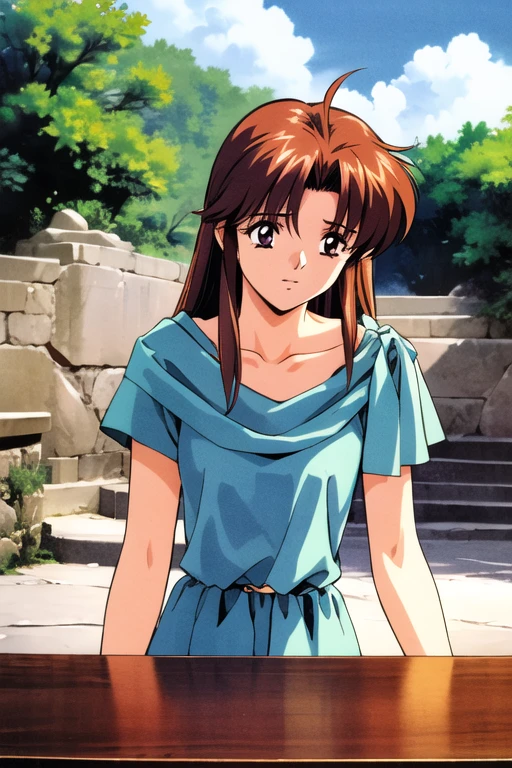 masterpiece,Best Quality, high resolution on down,, Blue Dress , 1 girl,Alone,Outdoor, animation,1990s \( style \), Look Down,Nervous, upper _body,Cloudy,long hair