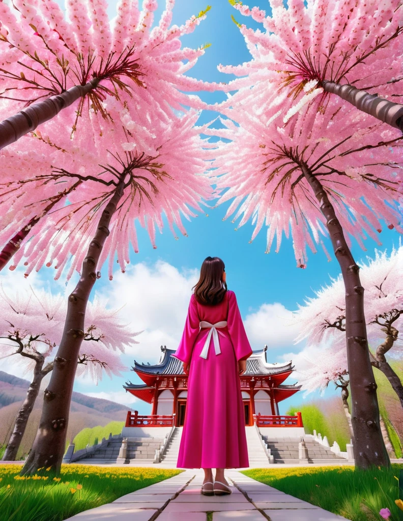  A fabulous landscape girl stands at the temple and looks at the Cherry Forest on a spring day ,   where tall cherry trees are covered with bright pink and white flowers.