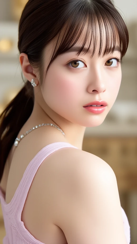 Kanna Hashimoto,One Woman、beautiful、Perfect looks、Pale turquoise eyes:1.3,((large breasts))、Perfect balance,simple diamond necklace、(Blurred Background)、Luxury palace,Sparkling Room、(Please redeem: 1.1), (Realistic: 1.1), (photograph: 1.1), (Very detailed: 1.1),((NSFW)), ((beautiful nipples)),Completely naked