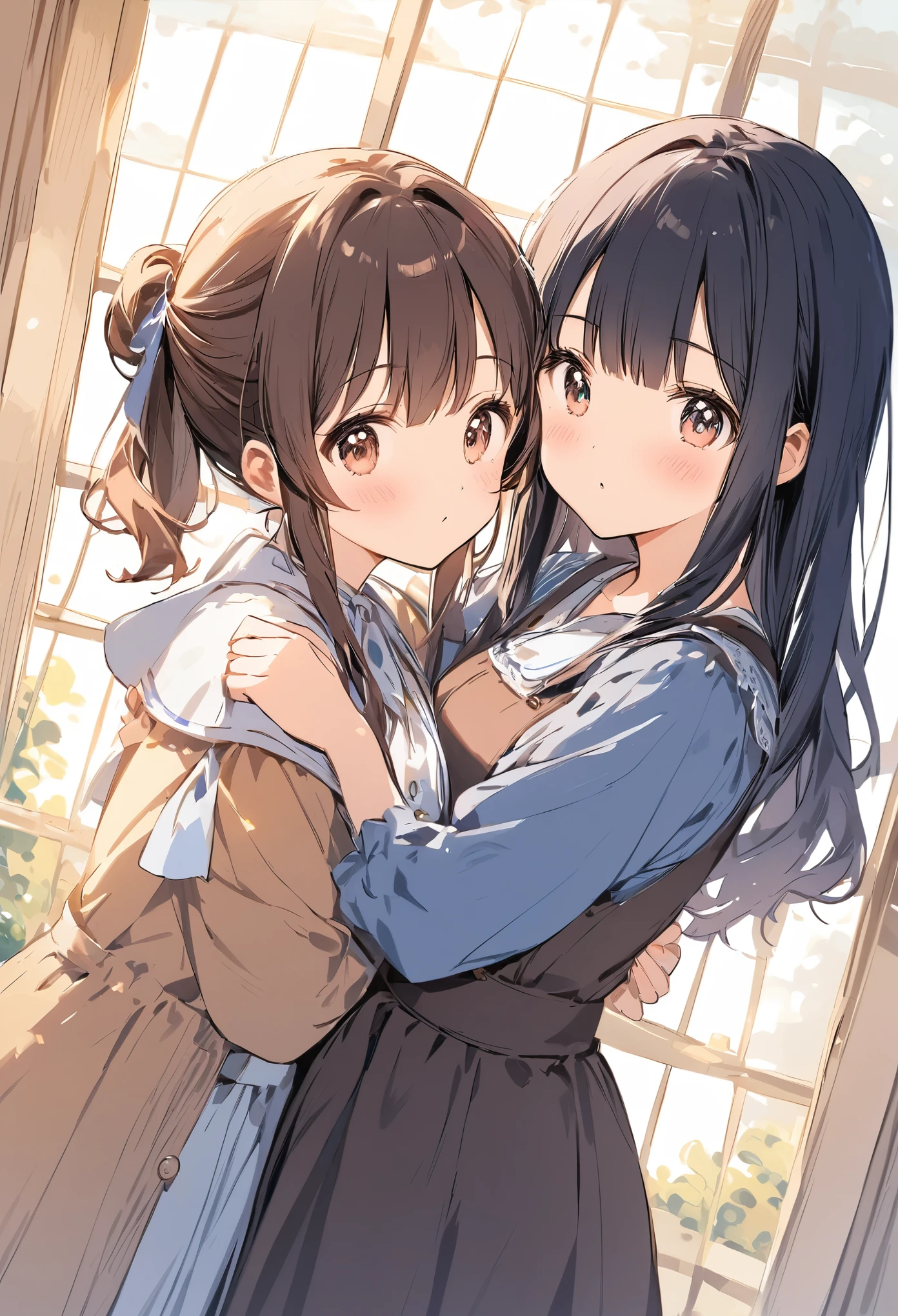 (Highest quality illustrations:1.2), (kawaii girl:1.1), (1 Uncle, 独奏:1), (2girls、8years old、Lori、Gamine、A tiny、kawaii、cute little、tiny chest、ultradetailed eyes:1.2)、(Yuri、the kiss、hug from behind、Grabbing the、Eyes half closed、eyecontact:1.3)、(perspiring、Hugged、red blush:1.1)、 BREAK White Bra、Pink Bra、Blue Bra、Green Bra、Greybra、Light grey bra、 striped bra、Polka dot bra、Plaid bra、Cute Bra、Kids Bra、Sportsbra、camisole、cotton panties、school skirt、Blake black hair、Blue-haired、Brown hair、extra very short hair、shorth hair、middle hair、length hair、hair wavy、curlyhair、Light pink and braided hair、hime-cut、bob cuts、Twin-tailed、low twintails、poneyTail、Low ponytail in light blue、break(Locker Room:1.2)、(evening、evening、Orange Sunlight:1.2)、 BREAK(top-quality、ultra-detailliert、highly detailed and beautiful、超A high resolution、Detailed arm:1.2)、nsfw　Beautiful pool