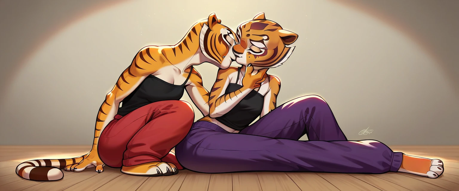 (Caucasian ethnicity) masterpiece , 4K, high quality, tigress\(kung fu panda\), purple pants, loose pants , plain pants , black blouse,  bare shoulders , at home, sitting, on floor,  looking at the spectator, kissing the spectator 