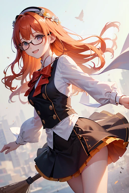 ((Best Quality)), ((傑Best Quality、masterpiece、High sensitivity、 high resolution on down、詳細な描写、 Delicate Facial Description)), Slender woman、Glasses、 orange hair 、Perm、Red miniskirt in the open、 straddle a broom、 flying in the sky、With a smile、 Fantasy、