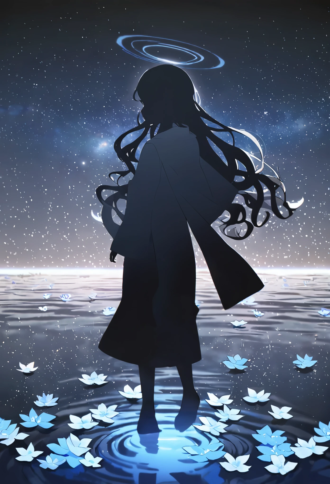 1 toddler，Extra long curly hair，Short stature，whole body，Silhouette， Black background，Blue light，Galaxy， blue don't forget me sea of flowers，Ripples under the feet ，Light Particles， black figures ，Holiness， characters take up a small area ，Greek robe ，
