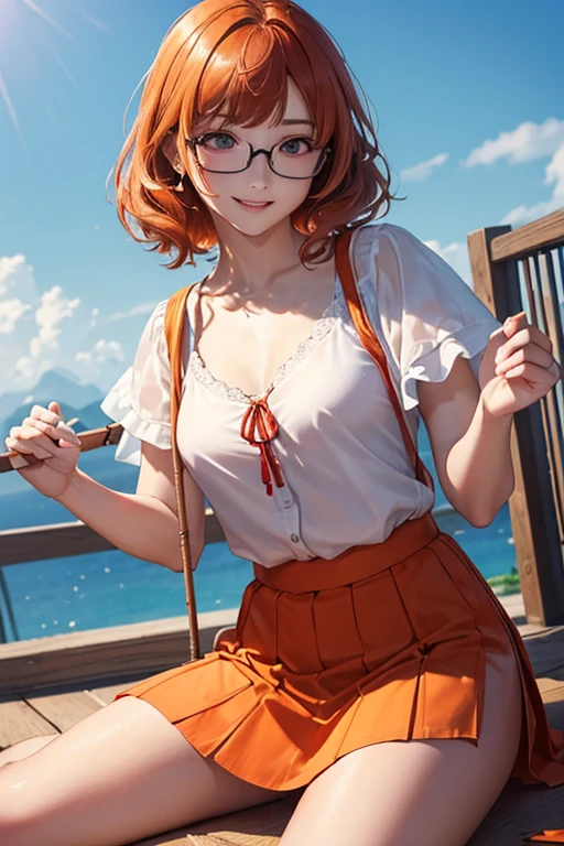 ((Best Quality)), ((傑Best Quality、masterpiece、High sensitivity、 high resolution on down、詳細な描写、 Delicate Facial Description)), Slender woman、Glasses、 orange hair 、Perm、Red miniskirt in the open、 straddle a broom、 flying in the sky、With a smile、