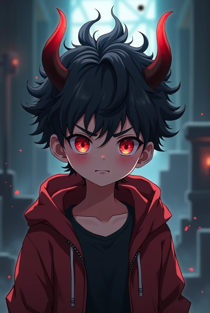 A  anime boy, c, white hair, red horns, red eyes, brown clothes and red shoes, shota, oni, demon, pointy ears, best quality, 8k
