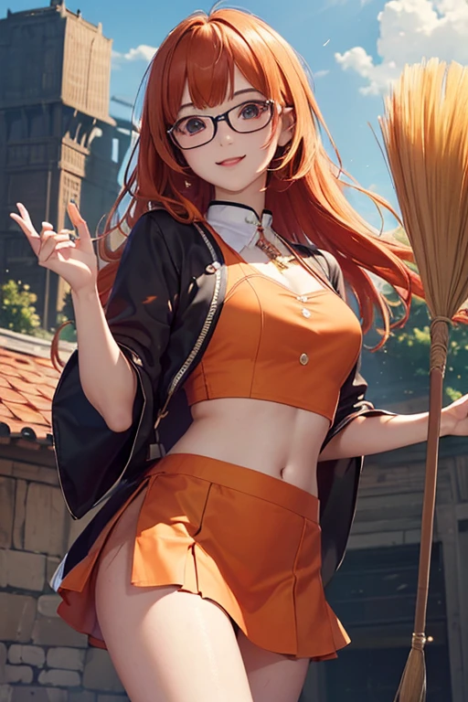 ((Best Quality)), ((傑Best Quality、masterpiece、High sensitivity、 high resolution on down、詳細な描写、 Delicate Facial Description)), Slender woman、Glasses、 orange hair 、Perm、Red miniskirt in the open、 straddle a broom、 flying in the sky、With a smile、 Fantasy、