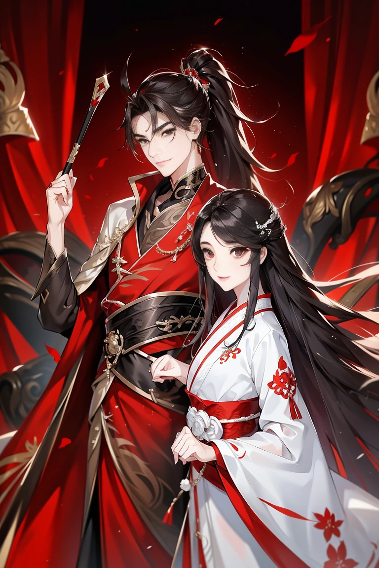  General couple female and female, Hanfu, Luxurious uniform red clothes，Shoulder blades，goth style（Shooting from front）hold your arm，cabelos preto e longos, brow eyes，natta，asian architecture interior，Carved wooden windows，brown gauze curtain，Best quality，16k,tmasterpiece，หน้าอก, ยิ้ม, หน้าม้า, ตาสีทอง, หน้าอกใหญ่, อารมณ์รุนแรงฉายในดวงตา, 