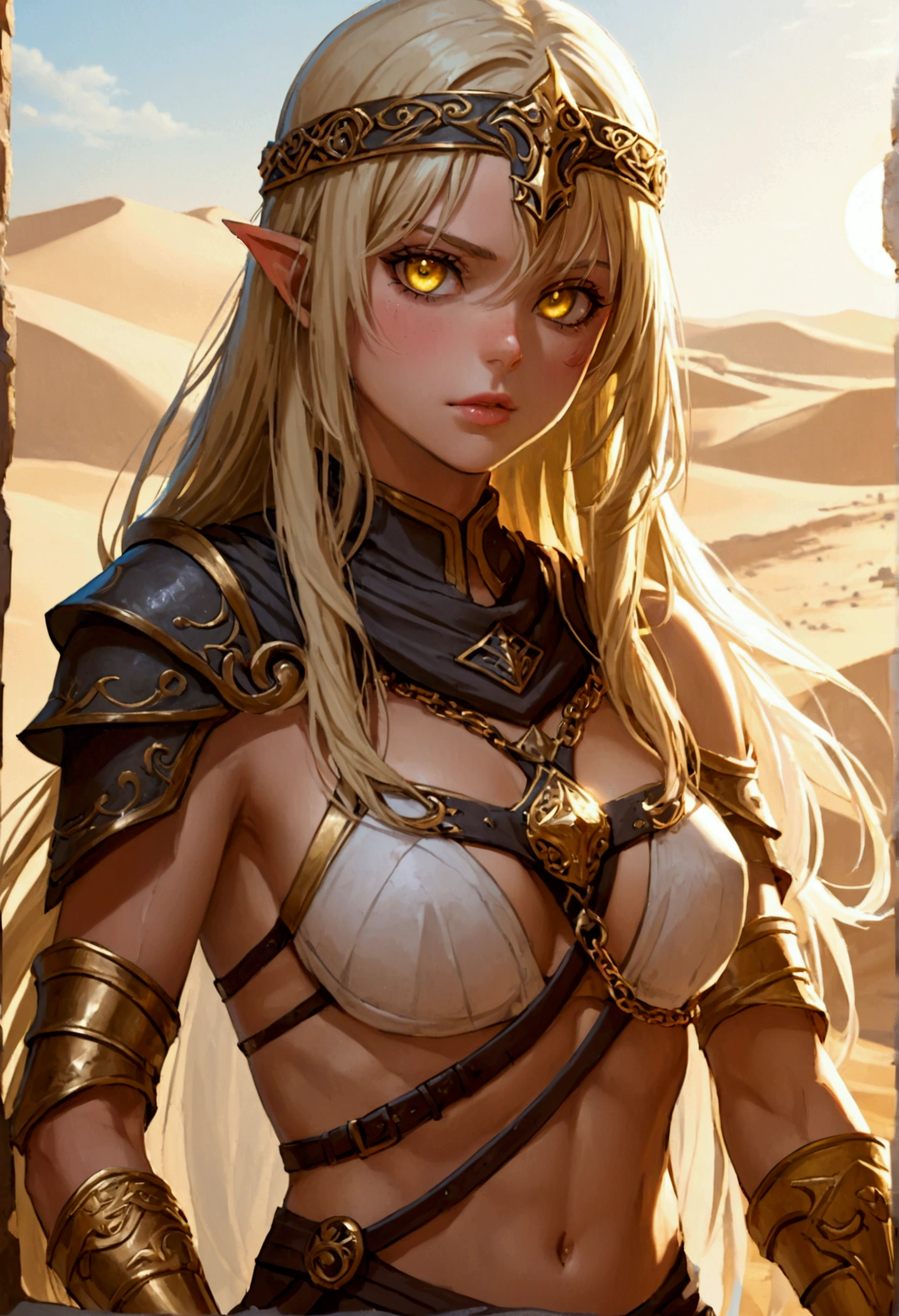 (anime, (masterpiece, best quality, ultra detailed, best shadow), (detailed background, dark fantasy), (detailed human face and head), (medieval) (yellow and bronze sword), ((hard shredded abs)),  one girl riding a camel, full body, best quality, cinematic lighting, dark, an ancient slavic warrior, diffuse lighting, fantasy, intricate, highly detailed, highly detailed face, realistic, photo realistic, digital painting, art station, illustration, concept art, soft sharp focus, alone, gloves, long hair, belly button, blonde and brown hair, palace desert sand, hair between eyes, white gloves, looking at viewer, finger less gloves, hold on, shoulders, large belt, elbows, yellow eyes, helmet, bronze armor, earth colored parted lips, pants, sweat, yellow eyes, bandages, slavic warrior, sand particles, best quality, slavic white human, cinematic lighting, golden ornaments, chains, earrings, desert background, in focus, luminous, muscular, old warrior, perfect features, ready for battle, sand, skinny, standing, strong, warrior stance, yellow eyes, full muscled body, no body hair or scars, thin hands, by Tim Burton Films. ((bare, hard, marked abs)), happy, liar, Slav. skinny (medieval) (bronze sword)). (Luchando con espadas contra un guerrero con armadura negra).