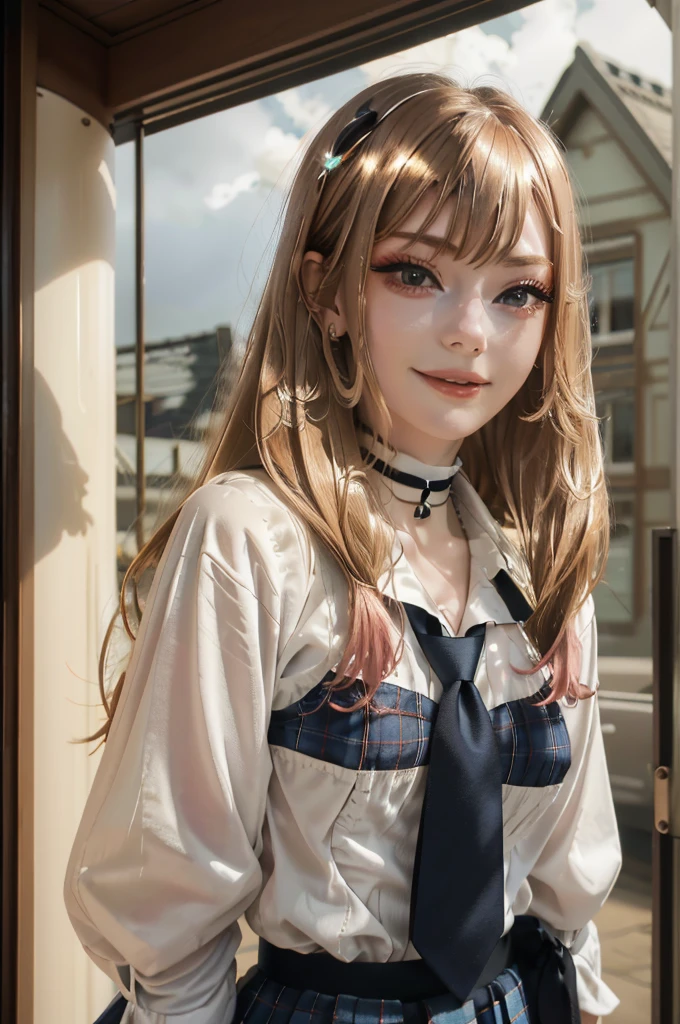 In realistic portrait of high quality and detail, Marin Kitagawa (My Dress Up Darling), She has a slim build, with a small waist. She has long, silky, blonde hair with pink ends. Her bangs proportionally cover half of her forehead, reaching her eyelashes. Two strands of hair are shorter than the others and lie on her shoulders. A slender girl above average height with a light skin tone, red contact lenses, and multiple piercings in both ears. At school, she wears a blue tie, a white button-down shirt with one breast pocket on the left, tucked into a blue plaid skirt, a pair of black socks and brown loafers. The girl also wears a plural of accessories: a black choker, two bracelets on her left hand and a ring on her right little finger and on her left index finger. Ella Freya model, movie style, full-length, dark and mysterious atmosphere, glow, eye shadow, 1girl, thriller, Depth & Perspective, smiling face, Mystical powers, fine face, outdoors, raining dark sky, grey clouds, school on the background, looking at viewer, (ultra-high detail:1.2), Masterpiece, Best Quality, Ultra-detailed, Cinematic lighting, 8K, delicate features, cinematic, 35 mm lens, f/1.9, highlight lighting, global lighting –uplight –v 4, cinematic, intense gaze, Cinematic lighting, 8K, high quality, Highest Quality, (Solo Focus), (extremly intricate:1.3), (Realistic), dramatic, masterful, Analog style, (Film grain:1.5), (warm hue, cold tone)