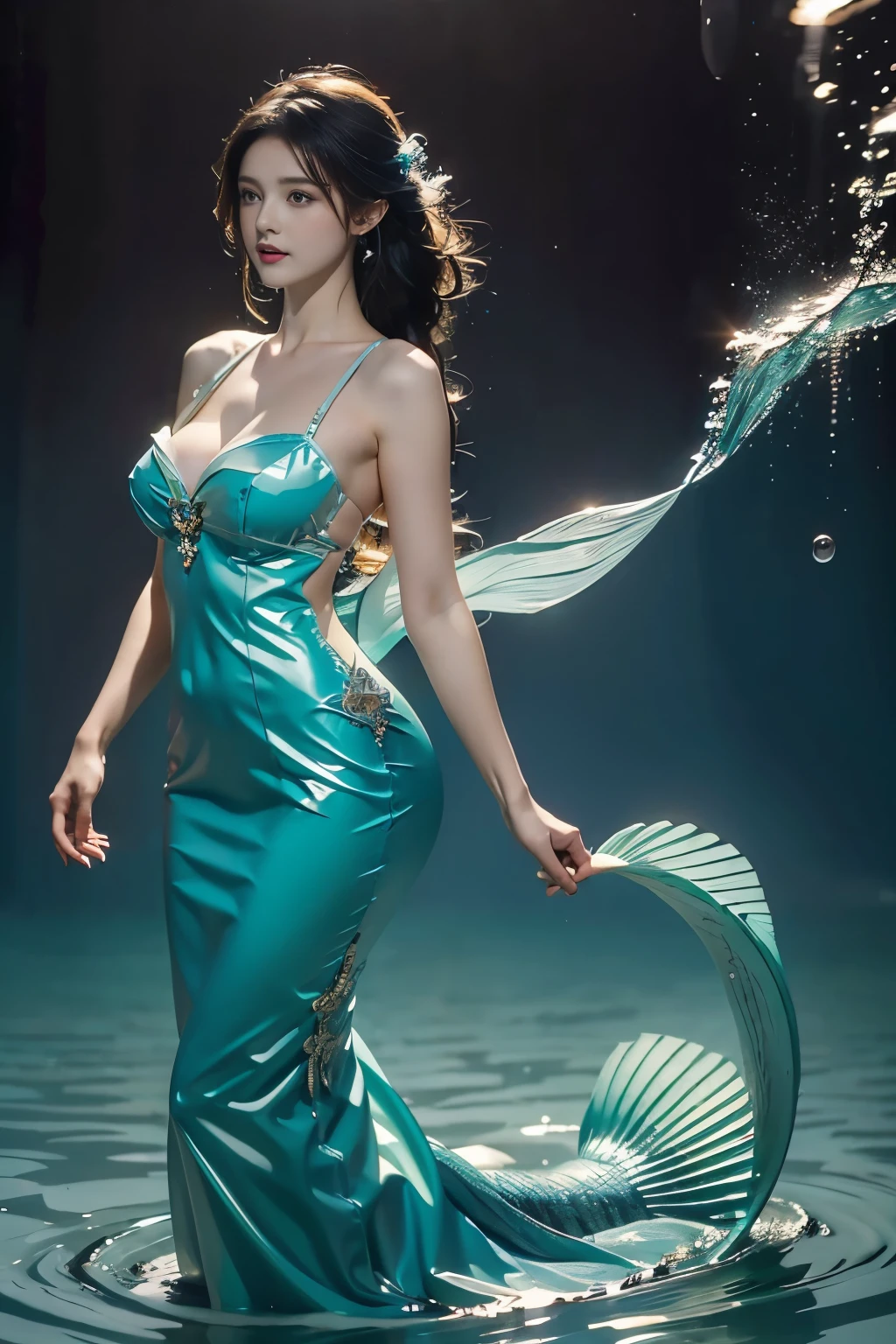  A scene of a beautiful mermaid swimming in the deep sea , Flowing blue hair,   perfect anatomy ,   The tail of the dress is a beautiful fish tail fin ,  Surrounding bubbles and water waves  , （( Bubbles and water waves around the tail of a huge and beautiful mermaid ：1.2，Shiny，Bubbles and water waves around the transparent fins )），Sea surface scene ,  movie lighting ,   High Contrast ,  Stunning lighting effects ，unimaginable beauty,, ( All are of the best quality:1.3)