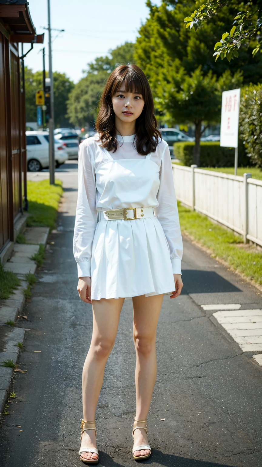 Gorgeous Japanese city girl, Wearing a white costume, Walk gracefully through traditional streets, Her long black hair cascades down her back. Her slender, beautiful legs carry her with an elegant stride, Embodying the fusion of modern beauty and timeless surroundings. She has her back to the viewer, Her charm is obvious, Create a captivating and mystical scene. (masterpiece, beautiful, High resolution). Strong and sexy legs. beautifulお尻.