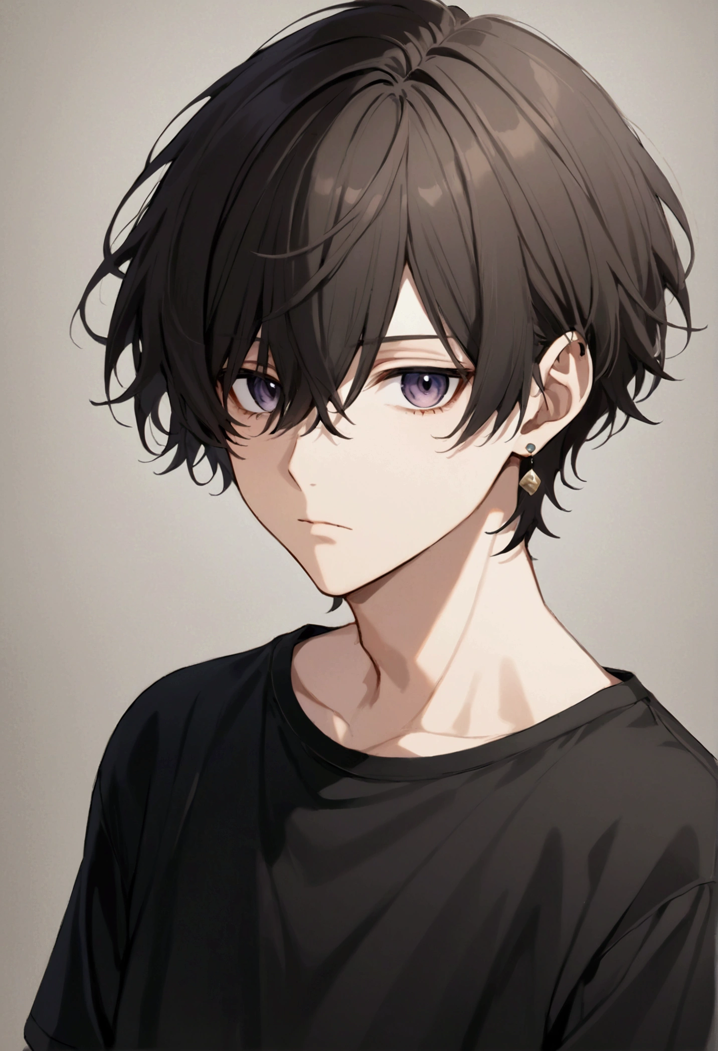 Draw a mysterious young male anime character with short hair, dark and wavy.  The hair must have a textured cut , voluminous,  and a slightly messy look .  The fringe should fall over the eyes in a subtle way ,  giving an enigmatic and carefree air to the character .  The threads must have a slightly messy touch ,  with a slight moist appearance that enhances the contrast of waves .  The character must have a calm and introspective expression ,  with eyes that suggest intensity and focus .  Wear it with a simple dark-colored t-shirt and small accessories ,  like a discreet earring ,  to complement the casual and modern style .  The overall aesthetic of the character must convey an independent personality, confident and intriguing 