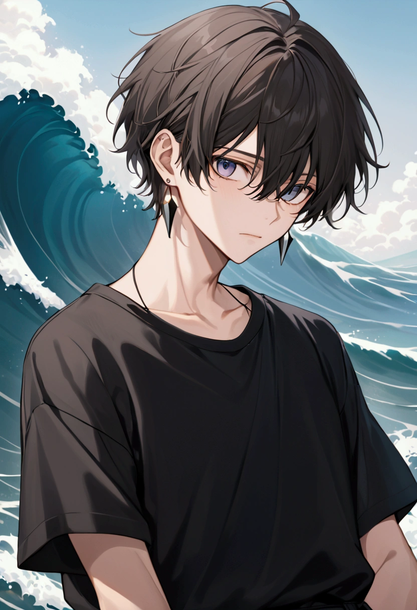 Draw a mysterious young male anime character with short hair, dark and wavy.  The hair must have a textured cut , voluminous,  and a slightly messy look .  The fringe should fall over the eyes in a subtle way ,  giving an enigmatic and carefree air to the character .  The threads must have a slightly messy touch ,  with a slight moist appearance that enhances the contrast of waves .  The character must have a calm and introspective expression ,  with eyes that suggest intensity and focus .  Wear it with a simple dark-colored t-shirt and small accessories ,  like a discreet earring ,  to complement the casual and modern style .  The overall aesthetic of the character must convey an independent personality, confident and intriguing 