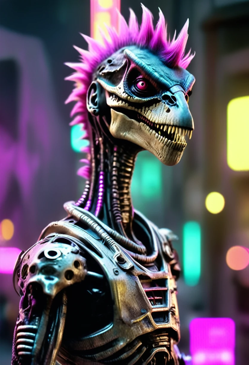 alien god , a person with a face painted with a skull and a mohawk robotic , neonpunk style . cyberpunk, vaporwave, neon, vibes, vibrant, stunningly beautiful, crisp, detailed, sleek, ultramodern, magenta highlights, dark purple shadows, high contrast, cinematic, ultra detailed, intricate, professional, cinematic film stil . shallow depth of field, vignette, highly detailed, high budget Hollywood movie, bokeh, cinemascope, moody, epic, gorgeous, film grain, grainy, horror movie velociraptor screaming by Diane Arbus taken by Joshua Hoffine taken by Rick Jones