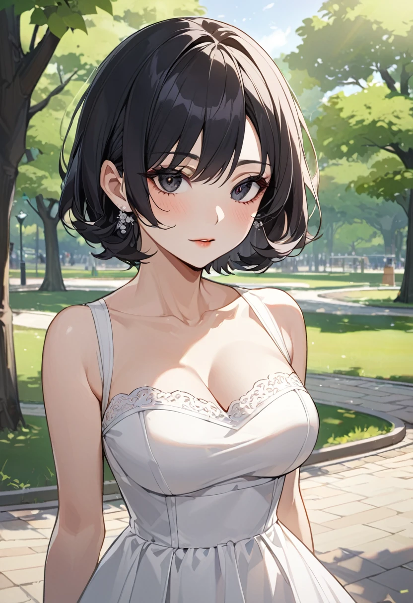 middle aged woman,  black head,  black eyes, Short Hair Style,  Angkal Jin Eyes ,  Sharp Eyes, 50 years old, medium size breasts, park background, 가슴골이 보이고,  A dress that shows your chest bones and fits your body