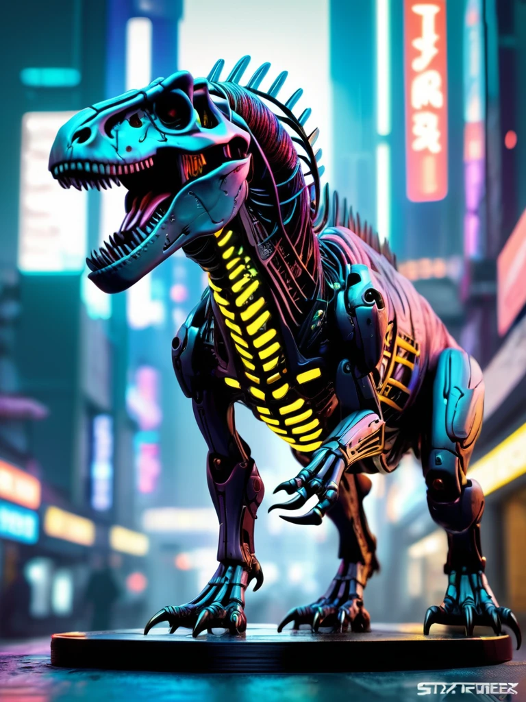 mythical cyberpunk trex, cyberpunk city, full body, masterpiece, perfect face, intricate details, horror theme epoxy_skull 