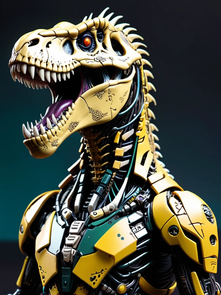 mythical cyberpunk trex, cyberpunk city, full body, masterpiece, perfect face, intricate details, horror theme epoxy_skull 