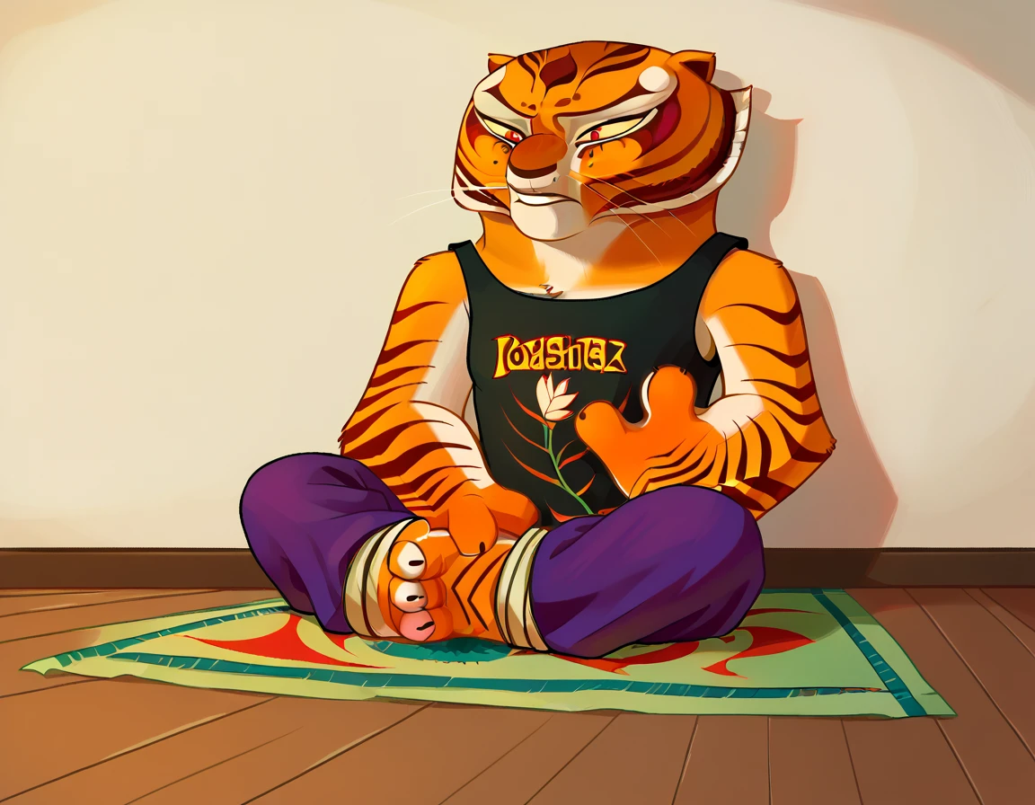 (Caucasian ethnicity) masterpiece , 4k,  lyrics, Tigress\(kung fu panda\), foot masturbation , Purple Pants,  loose pants , plain pants, black blouse,  bare shoulders , At home, sitting, on the floor,  watching the spectator ,  masturbating the female spectator