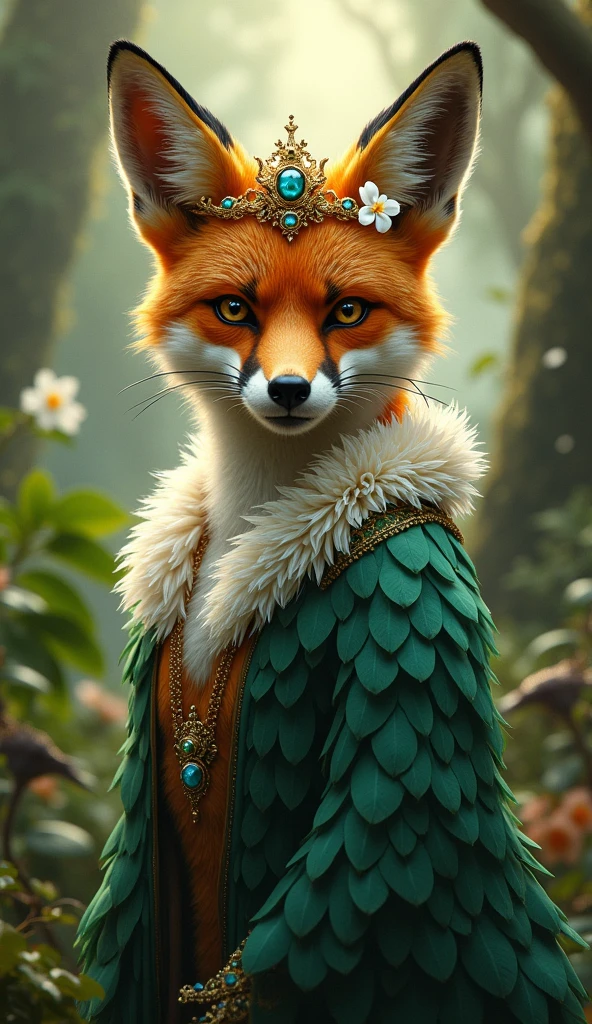 Imagine a human-shaped fox , with bright orange fur and white and black tips that create an elegant contrast . She wears a long and luxurious robe , made of feathers in shades of green and blue , evoking the vibrant colors of the birds of the Amazon . Over your head, there is a crown, adorned with white orchids and small precious stones found in the forest . Your eyes, smart and deep , display a glow of cunning and nobility while standing out among the towering trees and dense vegetation. around, the setting of the Amazon rainforest is a tapestry of lush greens , with rays of golden light filtering through the leaves and the distant sound of birds and the flowing river , that bring a touch of mystery and majesty to the scene .