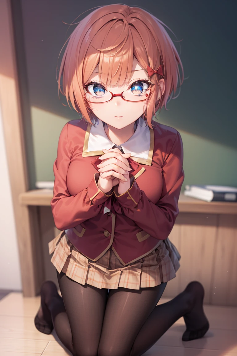 Oggataris ,  Liz Ogata ,   blue eyes , Glasses,   hair bow ,  red ribbon, Red-rimmed glasses,   short hair,   orange hair ,
break long sleeves, , skirt,  pantyhose ,
break looking at viewer,  is standing ,  forward slack ,   with arms crossed on back ,
break indoors, classroom,
break (masterpiece:1.2),  Best Quality ,   kampala,    Unity 8K Wallpaper  , (Illustration:0.8), (   beautiful detailed eyes　 kneeling with hands and feet bound :1.6),    very delicate face  ,  full light,    CG in detail, (Perfect hands,  perfect anatomy),