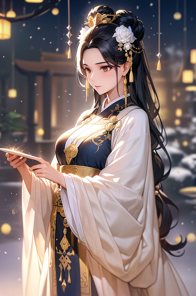 Black Hair, Immortal, Beauty, Royal sister, Stepmother, White Taoist robe, Golden Phoenix Coronet, Hair Bunch, Mature Woman