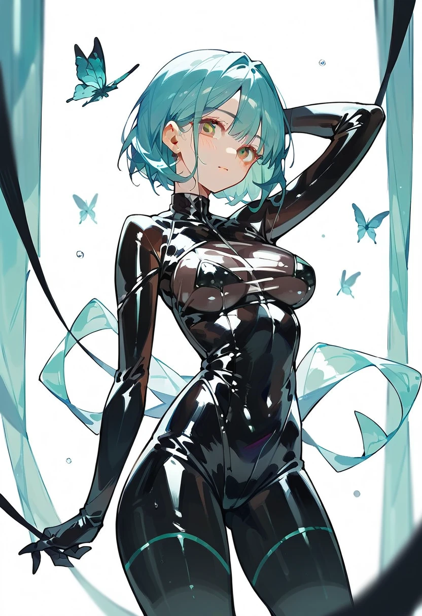 1 girl, navy blue hair, hair up to the shoulders, green colored eyes, Ghost, grey skin, stitches all over the body, ghost-girl, bathing suit, hairpins on the hair ,a lot of details, Average Breasts, large legs, Large thighs, small girl