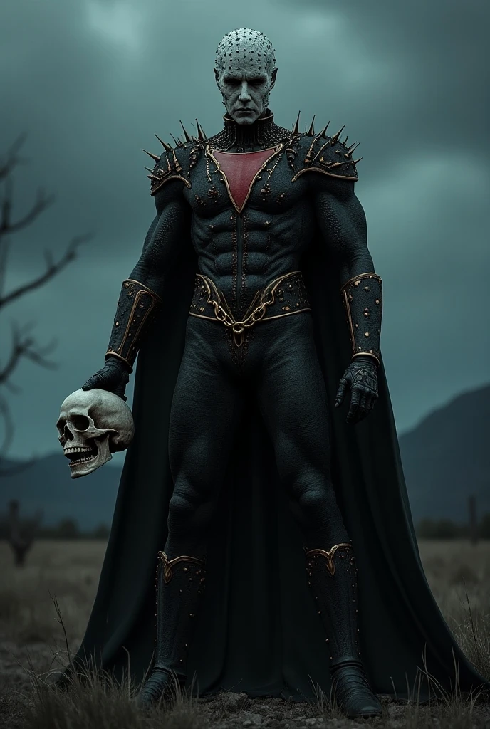 Create a male character with a look inspired by the Hellraiser franchise who wears a Petra-colored leather outfit with red parts and parts that resemble armor and the outfit covers his entire body and wears a leather helmet and has spikes coming out of his face and shoulders and wears a mask. 