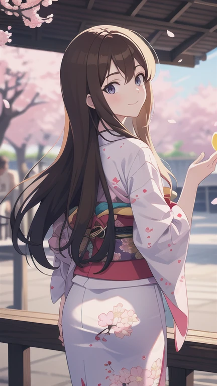 masterpiece,Best Quality, high resolution on down,Illustration, hyperdetail ,8k CG wallpaper, ray tracing,((Brown Hair:1.2)), medium chest,(( straight hair:1.2)),((Long Hair:1.2)),(Urgent 1:0.8),((  cherry blossom :1.1)),(( cowboy shot:1.1)),((kimono:1.1)),(( petals:1.1)),((Floral print:1.1)),(( from behind:1.1)),((looking back:1.1)), smiles lightly, closed mouth,