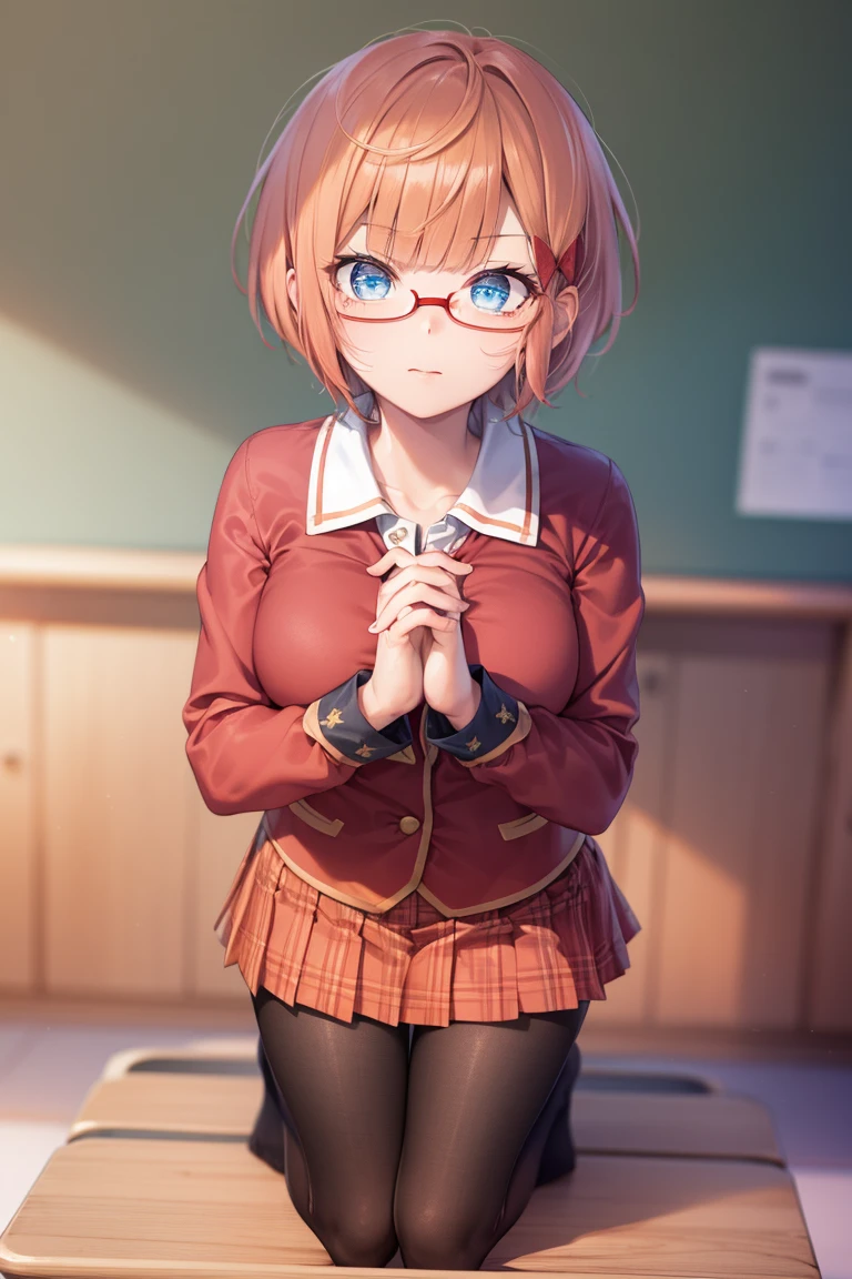 Oggataris ,  Liz Ogata ,   blue eyes , Glasses,   hair bow ,  red ribbon, Red-rimmed glasses,   short hair,   orange hair ,
break long sleeves, , skirt,  pantyhose ,
break looking at viewer,  is standing ,  forward slack ,   with arms crossed on back ,
break indoors, classroom,
break (masterpiece:1.2),  Best Quality ,   kampala,    Unity 8K Wallpaper  , (Illustration:0.8), (   beautiful detailed eyes　 kneeling with hands and feet bound :1.6),    very delicate face  ,  full light,    CG in detail, (Perfect hands,  perfect anatomy),