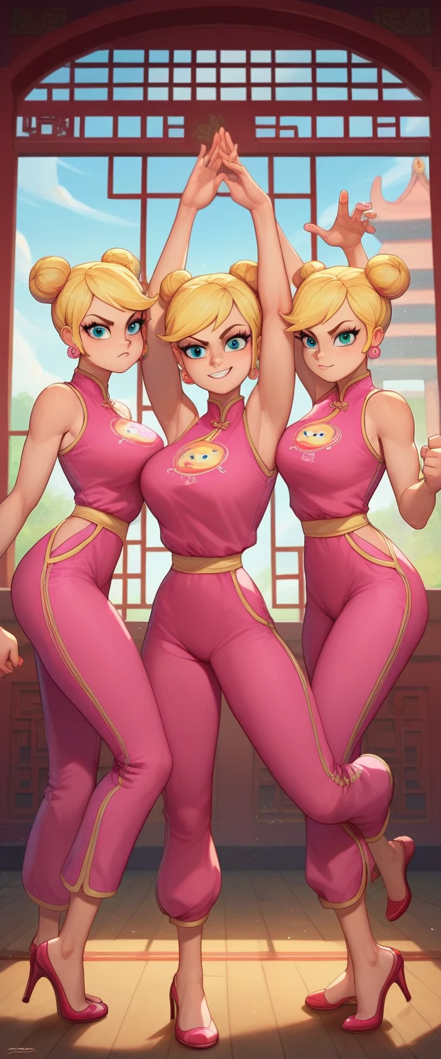 lola loud, 3girls, trio, 24yo girl, large breasts, pink cheongsam,  inside of a chinese temple, looking at viewer, blonde hair, two hair buns , hands  score_9, score_8_up, score_7_up, high heels, teep fighting stance,martial arts, long pink pants with side pants windows, triplets