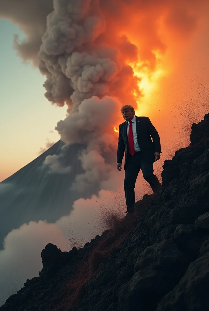 Create an image that has the donald trump with facial expression of greed and on that same cover in the background of the image the bitcoin exploding