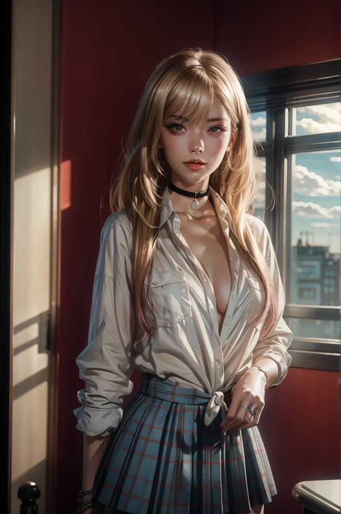 In realistic portrait of high quality and detail, Marin Kitagawa (My Dress Up Darling), She has a slim build, with a small waist. She has long, silky, blonde hair with pink ends. Her bangs proportionally cover half of her forehead, reaching her eyelashes. Two strands of hair are shorter than the others and lie on her shoulders. A slender girl above average height with a light skin tone, red contact lenses, and multiple piercings in both ears. At school, she wears a blue tie, a white button-down shirt with one breast pocket on the left, tucked into a blue plaid skirt, a pair of black socks and brown loafers. The girl also wears a plural of accessories: a black choker, two bracelets on her left hand and a ring on her right little finger and on her left index finger. movie style, full-length, romantic atmosphere, glow, eye shadow, 1girl, Depth & Perspective, smiling face, fine face, indoors, evening sky, clouds, school room on the background, looking at viewer, (ultra-high detail:1.2), Masterpiece, Best Quality, Ultra-detailed, Cinematic lighting, 8K, delicate features, cinematic, 35 mm lens, f/1.9, highlight lighting, global lighting –uplight –v 4, cinematic, intense gaze, Cinematic lighting, 8K, high quality, Highest Quality, (Solo Focus), (extremly intricate:1.3), (Realistic), dramatic, masterful, Analog style, (Film grain:1.5), (warm hue, cold tone)