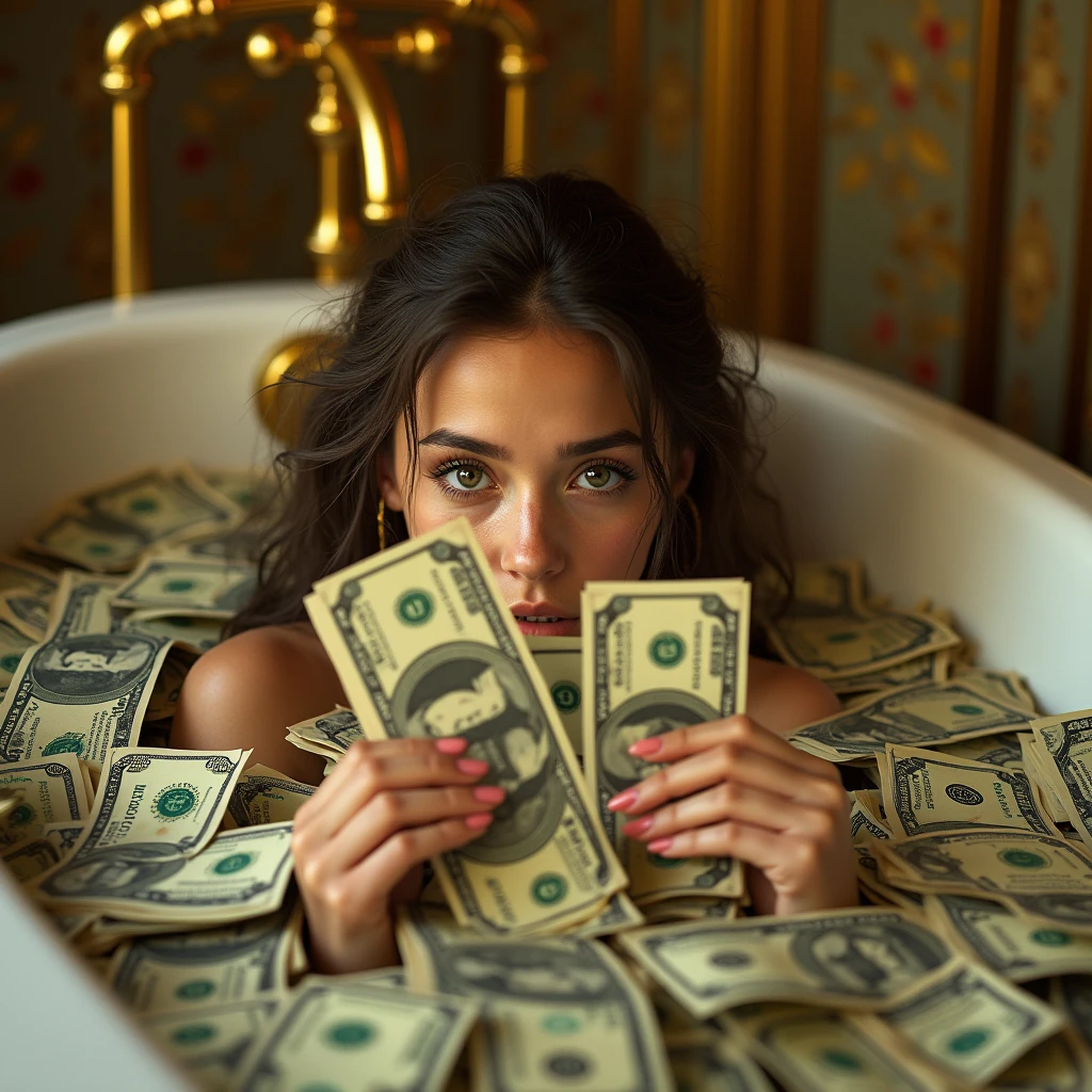 (nsfw, slyly look, show your teeth, smirk), pov, A glamorous and sensual beautiful female robber who robbed a bank and got a lot of money is in the bathroom of her hideout, filling a large bathtub with a large amount of $100 bills instead of hot water and soaking in it, completely naked with a villainous smile. Take a picture from directly above.