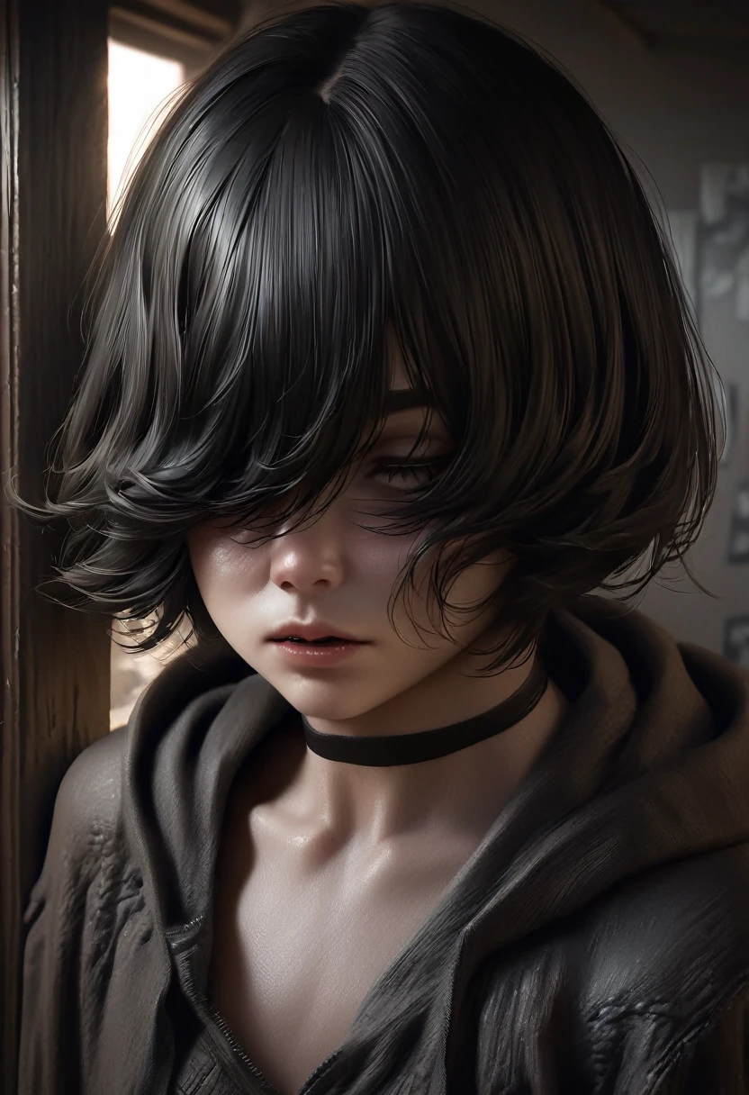 a girl with sharp teeth, hair covering her eyes, short hair, flat chest, (best quality,4k,8k,highres,masterpiece:1.2),ultra-detailed,(realistic,photorealistic,photo-realistic:1.37),dark fantasy,dark mood,dramatic lighting,moody atmosphere,dramatic shadows,dramatic contrast,mysterious,enigmatic,intriguing,brooding,gloomy,somber,intense,captivating,alluring,unsettling,unsettling beauty,macabre,gothic,horror,dark,black hair,hoodie,bangs