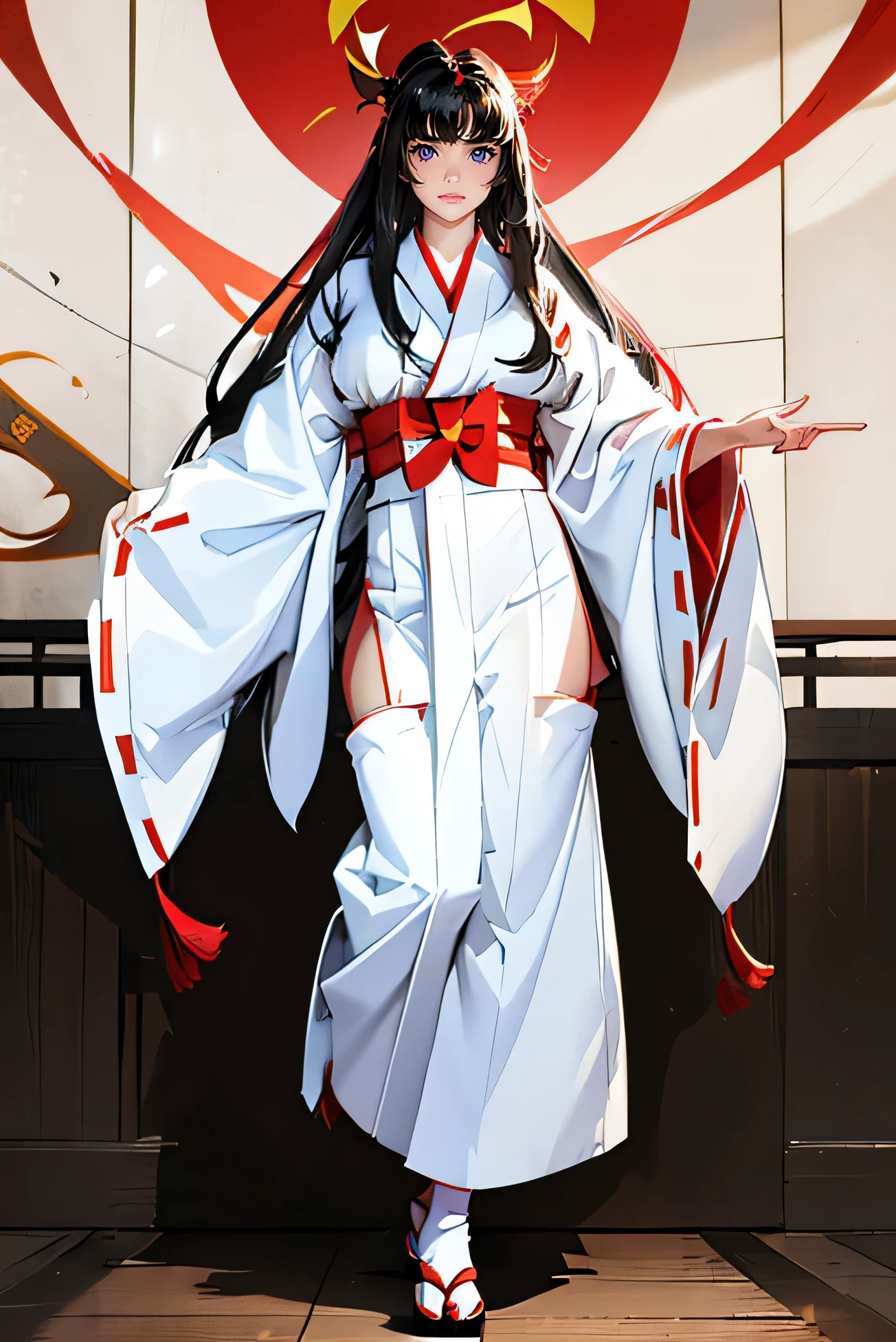 female, long hair, red eyes, (((1girl))), (((white kimono))), (black Japanese sandals), (white socks), (red hakama pants), cute and sexy, cowboy shot, large breasts, smiling, standing, masterpiece, highest quality, 細やかな detailed,closed up upper body 