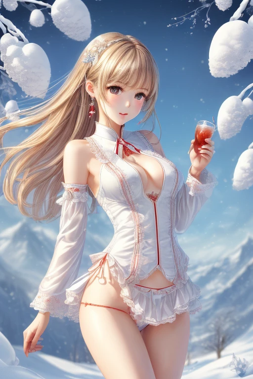 ((Best Quality)), ((傑Best Quality、masterpiece、High sensitivity、 high resolution on down、詳細な描写、 Delicate Facial Description)),  Fantasy、Slender woman、Red miniskirt in the open、Snowdrop、manipulate、Fluttering snowflakes、