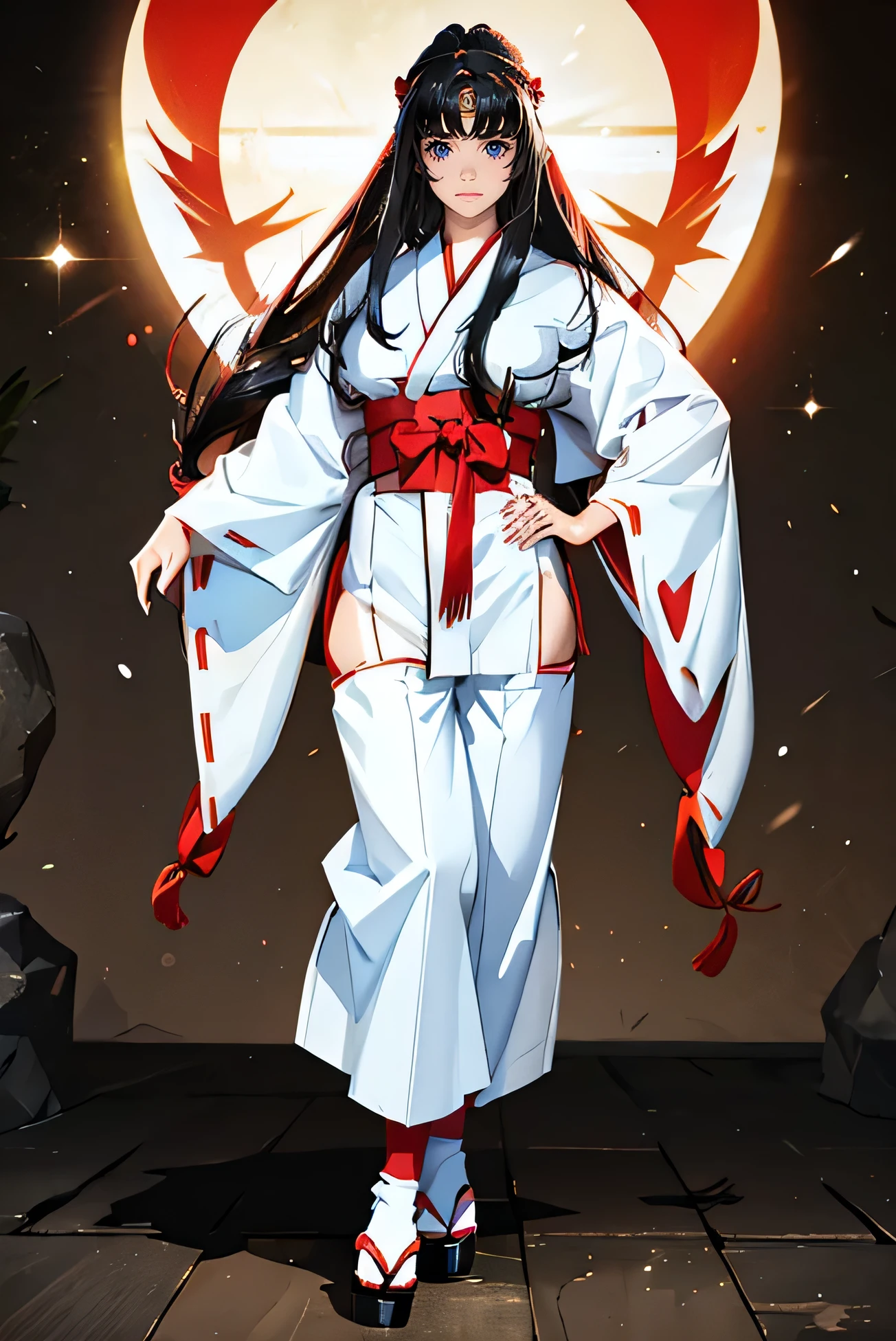 female, long hair, red eyes, (((1girl))), (((white kimono))), (black Japanese sandals), (white socks), (red hakama pants), cute and sexy, cowboy shot, large breasts, long legs, smiling, standing, masterpiece, highest quality, 細やかな detailed 