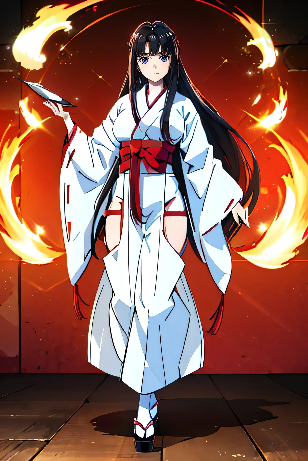 female, long hair, red eyes, (((1girl))), (((white kimono))), (black Japanese sandals), (white socks), (red hakama pants), cute and sexy, cowboy shot, large breasts, smiling, standing, masterpiece, highest quality, Finely detailed,closed up upper body,  revealing clothing 、Her chest is exposed、 panties looking at the buttocks are visible