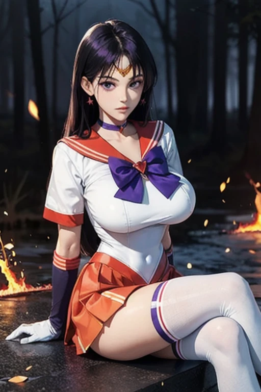 (ultra realistic,32k, masterpiece:1.2),(high detailed skin:1.1),( high quality:1.1),
[EPsmSailorMars,1girl, solo,bishoujo senshi sailor moon Mars-08:1.0>,(purple eyes:0.7), purple hair, very long hair, bow, bowtie, purple bow, purple bowtie, breasts, brooch, choker, elbow gloves, gem, gloves, heart, heart brooch,jewelry,red bow, red choker, red gemstone, red sailor collar, shirt, short sleeves, star (symbol), star choker, white gloves, white leotard, white shirt,leotard, miniskirt, pleated skirt, red skirt, thighhighs:FireFull, girl by FireFull, (fire skin:2):40],(looking at viewer, sitting, crossed legs, from above:1.1),, (huge breast, large breast:1.4),(lighting:1.1),Hellfire  twilight haven, twilight skies, tranquil waters, realm of mythical creatures, (fire, fireball:1.2),  blurry background,   outside