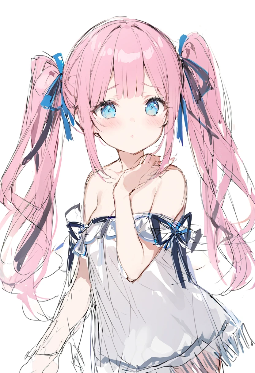 (sketch), (close), (), ( pink cheeks), (tits), (ribbon),pink, (twin tail hair:1.4), (blue eyes ), (fringe),(off-shoulder), (),(strand),  (model pose), (White background),