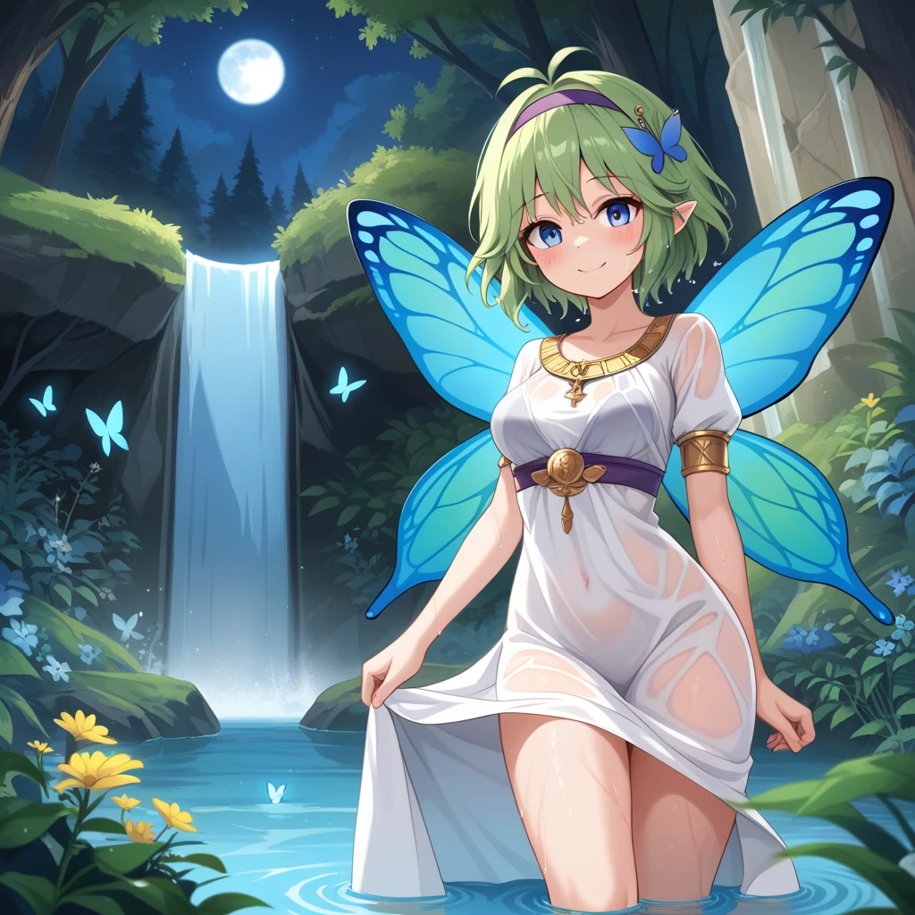 score_9, score_8_up

(masterpiece), best quality, expressive eyes, perfect face, perfect thighs, perfect anatomy, perfect breasts, perfect eyes, medium breasts, perfect thighs, perfect hips,

ninoss, blue eyes, green hair, short hair, antenna hair, purple hairband, hair ornament, greek clotches, greek goddess, white tunic, see-through, waterfall, behind waterfall, inside waterfall, wet clothes, inside water, smile, blush, moon, night sky, butterflies, forest, flowers,   fairy wings,